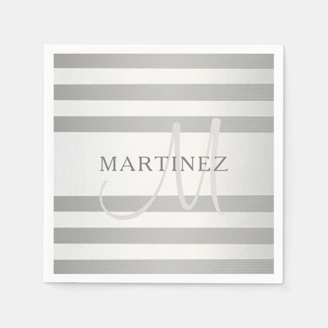Elegant Monogram Faux Silver Gradient Grey Stripes Napkins (Front)