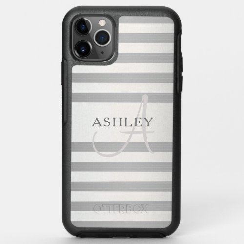 Elegant Monogram Faux Silver Gradient Grey Stripes OtterBox Symmetry iPhone 11 Pro Max Case