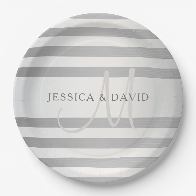 Elegant Monogram Faux Silver Gradient Grey Stripes Paper Plates (Front)