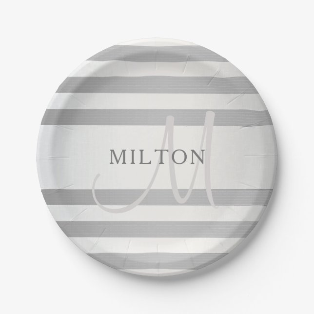 Elegant Monogram Faux Silver Gradient Grey Stripes Paper Plates (Front)