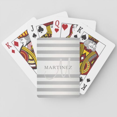 Elegant Monogram Faux Silver Gradient Grey Stripes Poker Cards