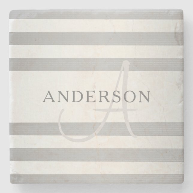 Elegant Monogram Faux Silver Gradient Grey Stripes Stone Coaster (Front)
