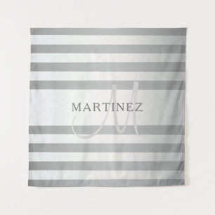 Elegant Monogram Faux Silver Gradient Grey Stripes Tapestry