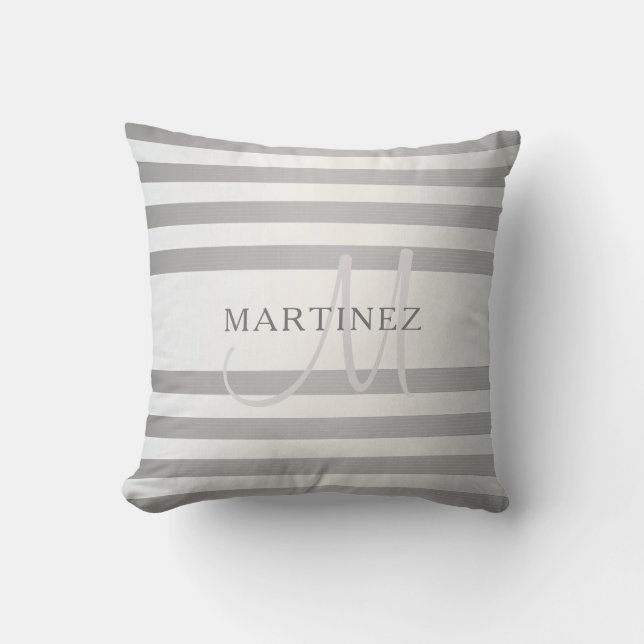 Elegant Monogram Faux Silver Gradient Grey Stripes Throw Pillow (Front)