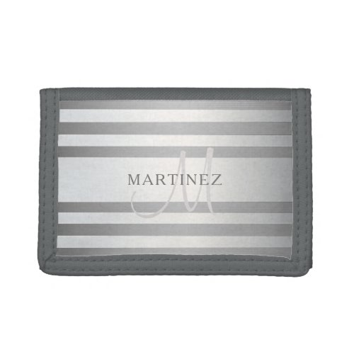 Elegant Monogram Faux Silver Gradient Grey Stripes Trifold Wallet