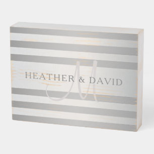 Elegant Monogram Faux Silver Gradient Grey Stripes Wooden Box Sign