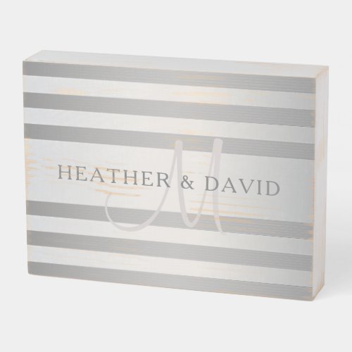 Elegant Monogram Faux Silver Gradient Grey Stripes Wooden Box Sign