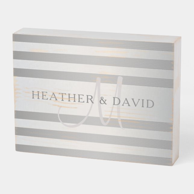 Elegant Monogram Faux Silver Gradient Grey Stripes Wooden Box Sign (Angled Horizontal)