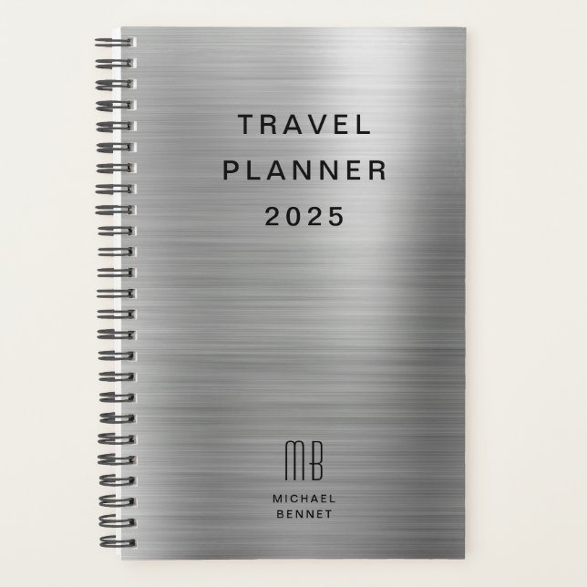 Elegant Monogram Faux Silver Gray Travel Planner (Front)