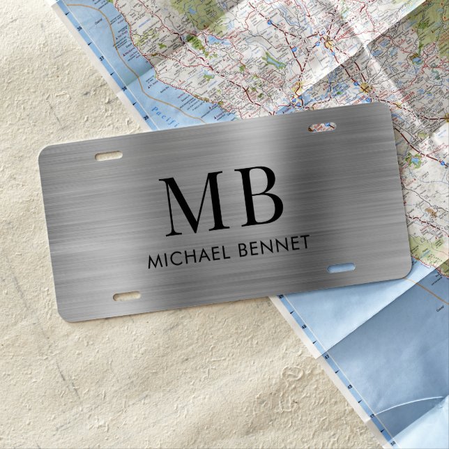 Elegant Monogram Faux Silver Metallic License Plate (In Situ)
