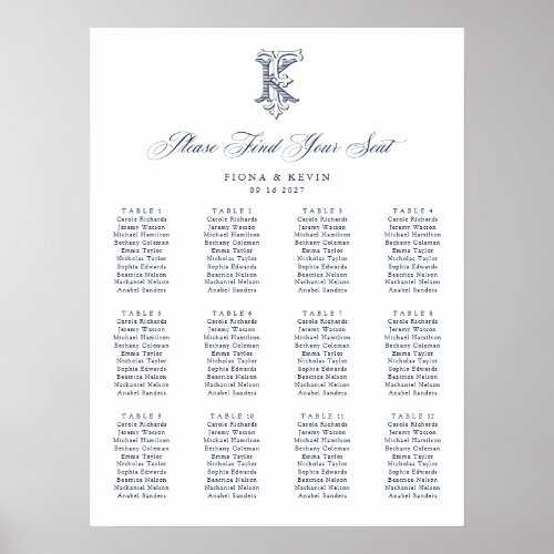 Elegant Monogram FK 12 Table Wedding Seating Chart