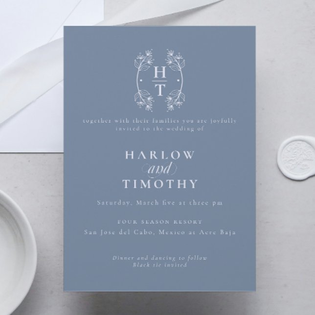 Elegant Monogram Floral Crest Dusty Blue Wedding  Invitation (Elegant Monogram Floral Crest Dusty Blue Wedding Invitation)