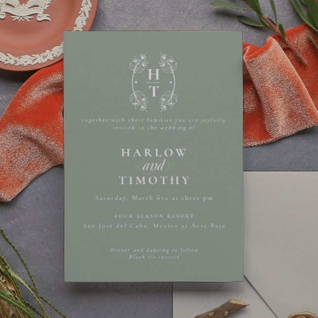 Elegant Monogram Floral Crest Sage Green Wedding  Invitation (Creator Uploaded)