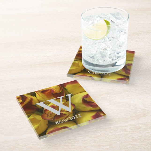 Elegant Monogram Floral Glass Coaster (Angled)