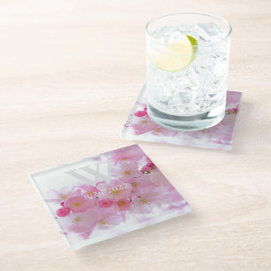 Elegant Monogram Floral Glass Coaster