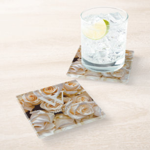 Elegant Monogram Floral Glass Coaster