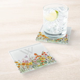 Elegant Monogram Floral Glass Coaster