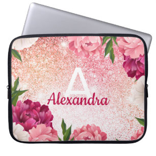 Elegant Monogram Floral Glitter Laptop Sleeve