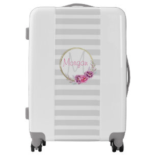 Elegant Monogram Floral Grey Stripes Custom Name Luggage
