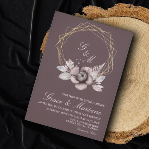 Elegant Monogram Floral Mauve Wedding Invitation