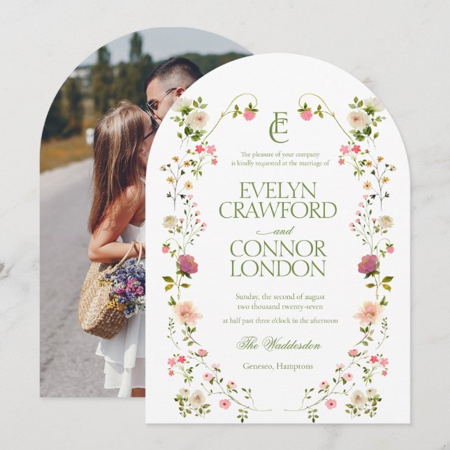 Elegant Monogram Floral Photo Arch Wedding Invitation (Front/Back)