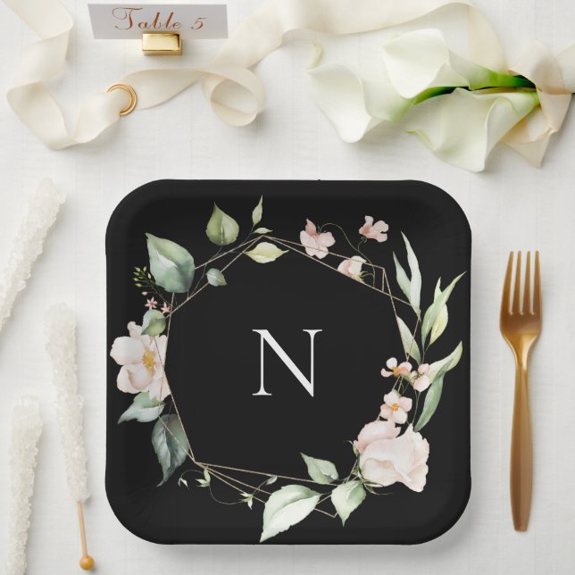 Elegant Monogram Floral Pink Black Wedding Plates (Wedding)
