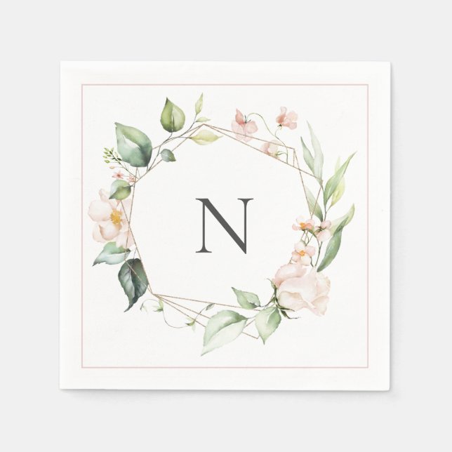 Elegant Monogram Floral Pink Blush Wedding Napkins (Front)