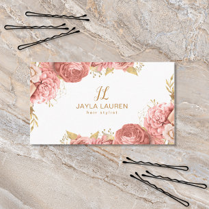 Elegant Monogram Floral Pink Gold Business Card