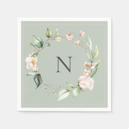 Elegant Monogram Floral Pink Sage Wedding Napkins