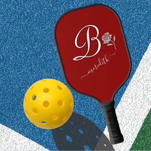 Elegant Monogram Floral Red Glitter  Pickleball Paddle