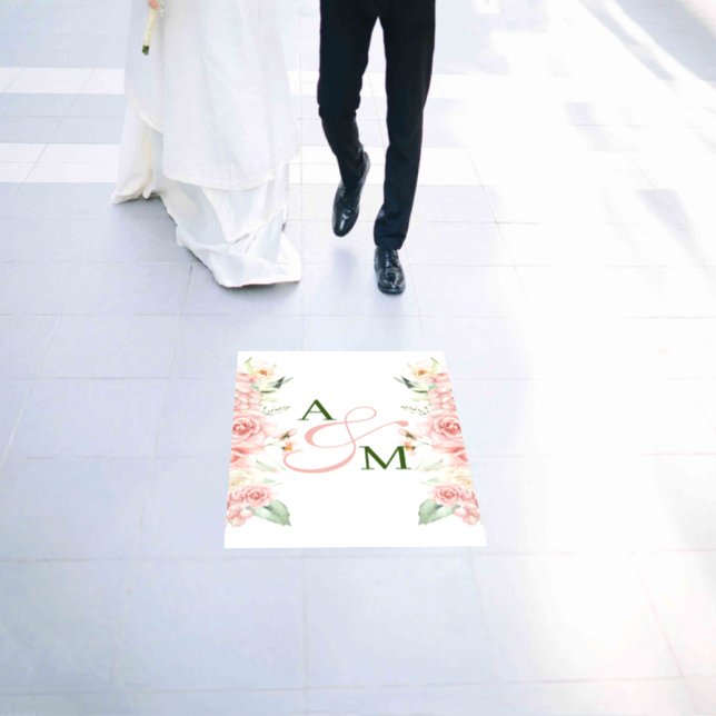 Elegant Monogram Floral Wedding Floor Decal (Wedding)