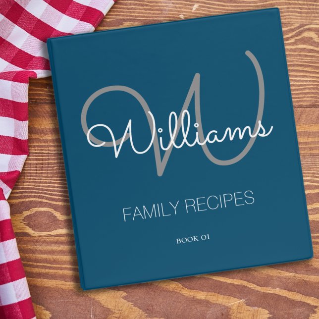 Elegant Monogram for Family Recipes Modern Blue 3 Ring Binder (Creator Uploaded)