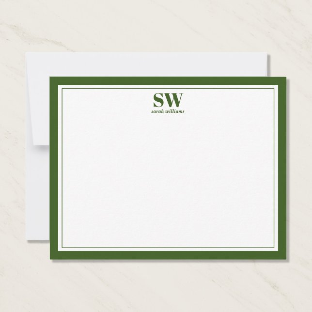 Elegant Monogram Forest Green Border Minimalist Note Card (Creator Uploaded)