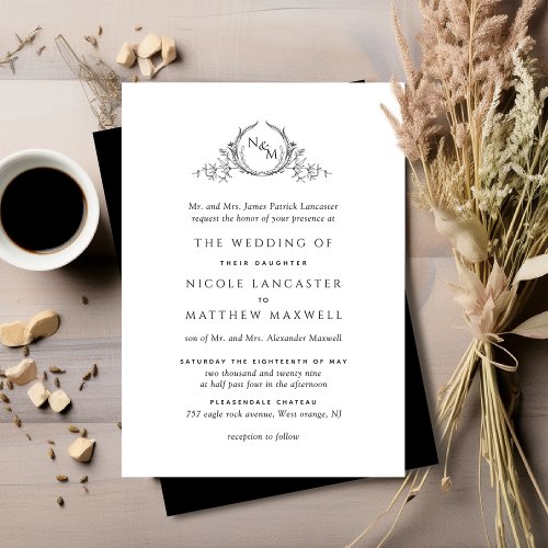 Elegant Monogram Formal Black and White Wedding Invitation