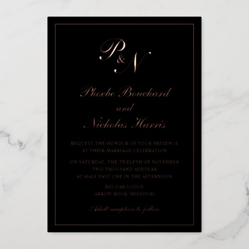Elegant Monogram Formal Black Wedding Rose Gold Foil Invitation