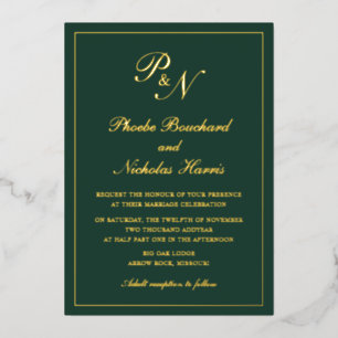 Elegant Monogram Formal Forest Green Wedding Gold Foil Invitation