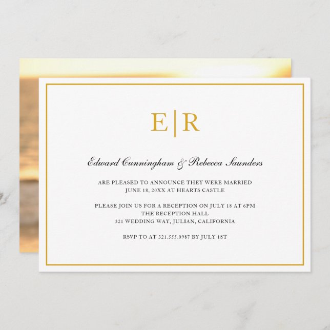 Elegant Monogram Formal Gold Wedding Reception Invitation (Front/Back)