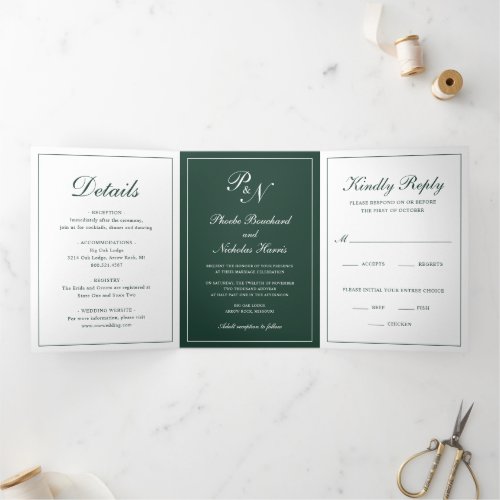 Elegant Monogram Formal Photo Forest Green Wedding Tri_Fold Invitation