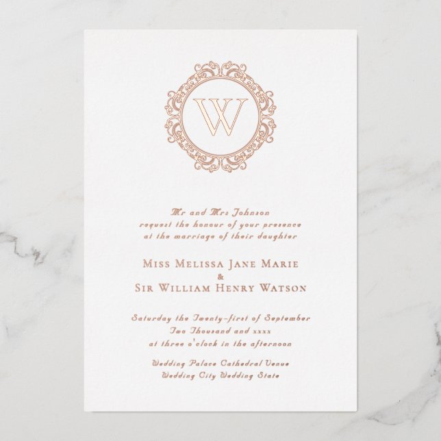Elegant Monogram Formal Rose Gold Foil Invitation (Front)