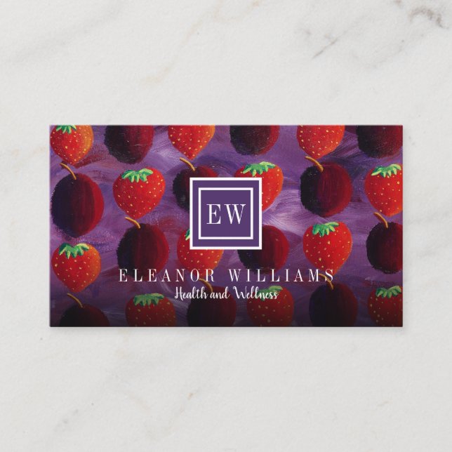 Elegant Monogram Fruit Strawberries Plums Business Card (Front)