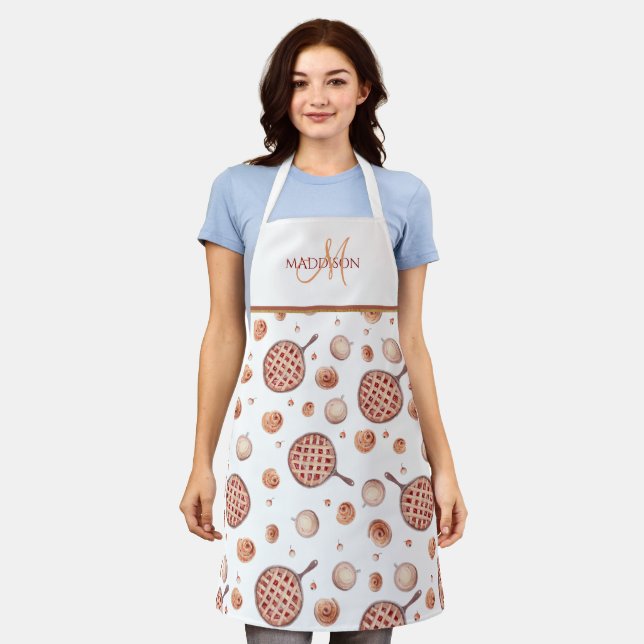 Elegant Monogram, Fun Pastries and Coffee Pattern Apron (Worn)