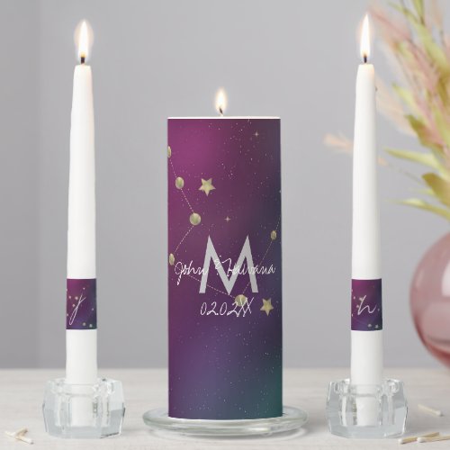 Elegant Monogram Galaxy Constellation Moon Wedding Unity Candle Set