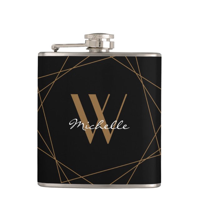 Elegant Monogram Geometric Pattern Black Gold Name Flask (Front)