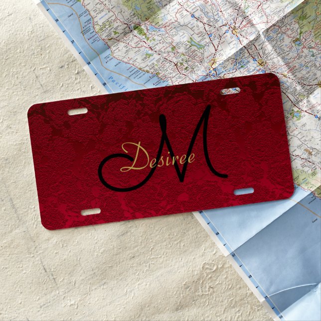 Elegant Monogram Girly Red Gold Black Modern License Plate (In Situ)