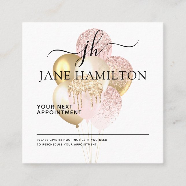 Elegant Monogram Glitter Balloons Appointment Card (Front)