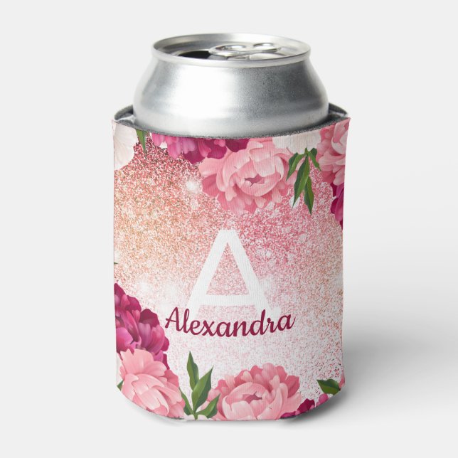 Elegant Monogram Glitter Floral pink Can Cooler (Can Front)