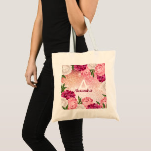 Elegant Monogram Glitter Floral pink Tote Bag