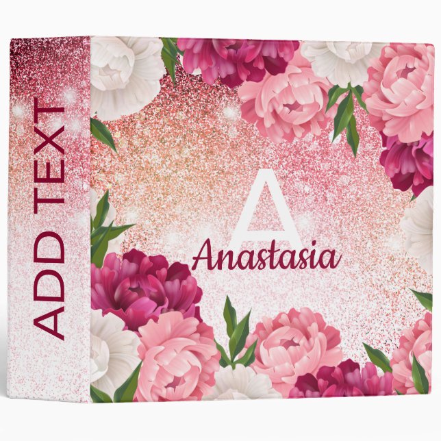 Elegant Monogram Glitter Pink luxury design 3 Ring Binder (Front/Spine)