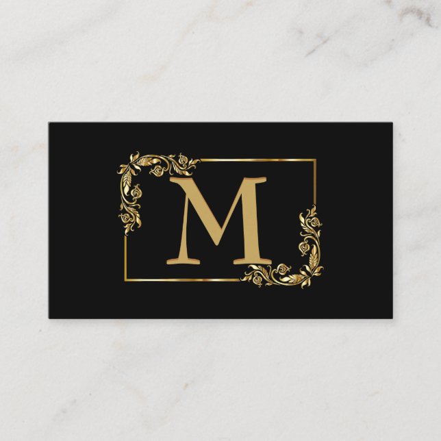 Elegant Monogram Gold and Black Business Card (Front)