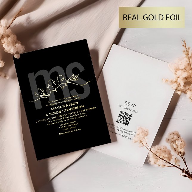 Elegant Monogram Gold and Black Wedding Foil Invitation (Creator Uploaded)